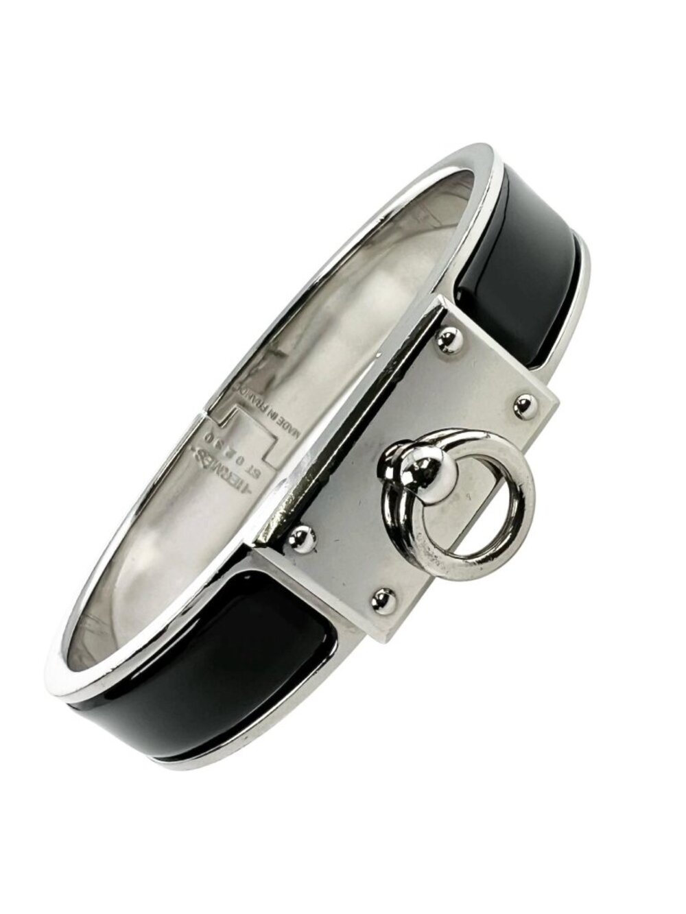 Hermes Clic Anneau Metal Enamel Silver Black Bangle Bracelet